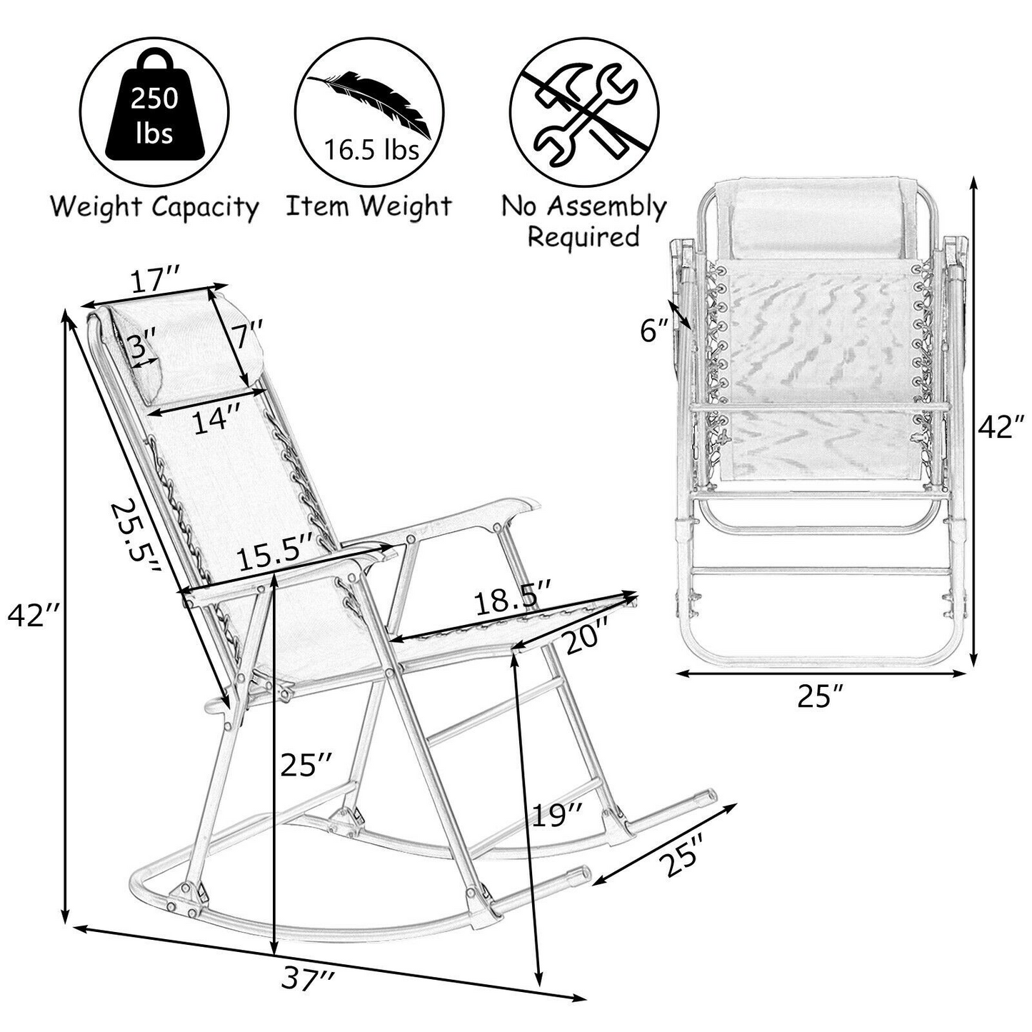 Outdoor Patio Headrest Folding Zero Gravity Rocking Chair