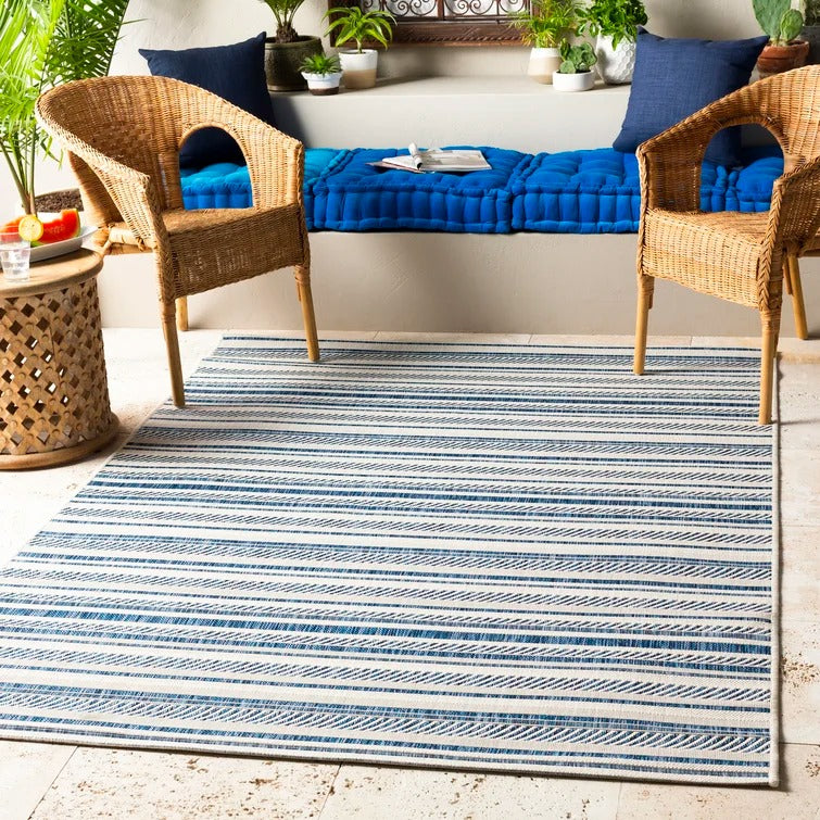 Bellino Striped Indoor / Outdoor Area Rug in Navy/White/Denim - 7'10" x 10'2"