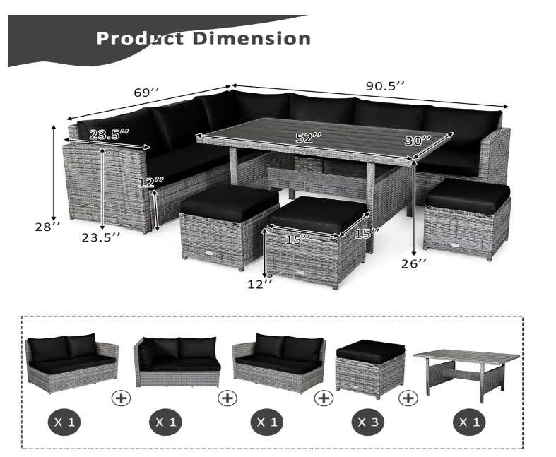 PatioJoy 7 PCS Patio Rattan Dining Set Sectional *UNASSEMBLED/IN BOXES(4)* - HW67190ABK