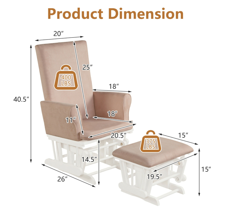 Wooden Baby Nursery Glider and Ottoman Cushion Set *FULLY ASSEMBLED* - PINK