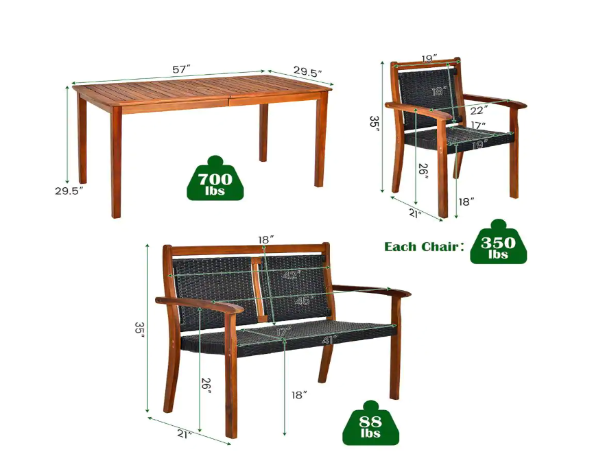 Copy of 4-Pieces Wood Rectangular Outdoor Dining Set with Black Chair Loveseat *UNASSEMBLED/IN BOXES(2) - HW68671AWH