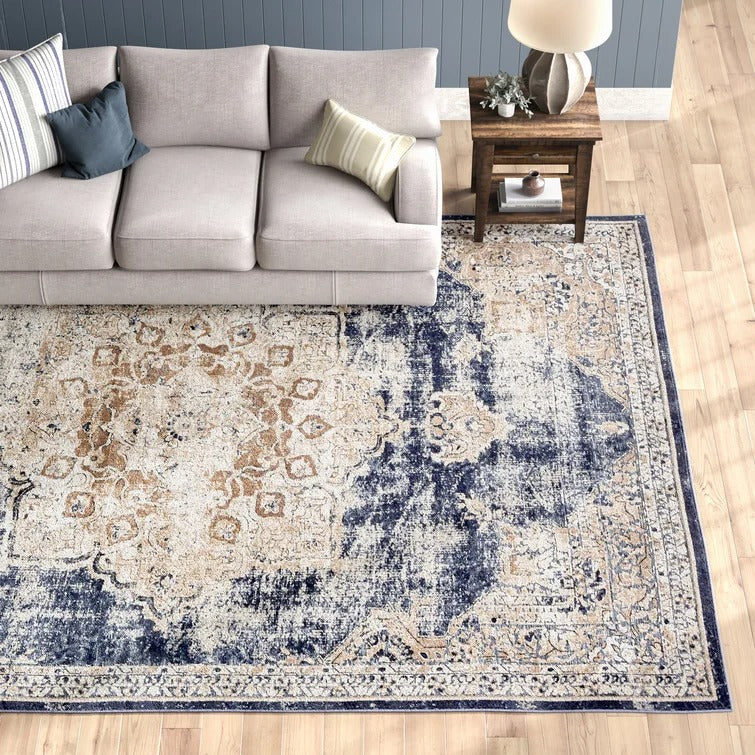 Landes Oriental Area Rug in Dark Blue/Beige - 5' x 8'