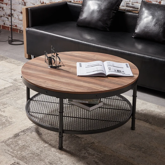 Round Coffee Table 35.8 Inch 2-Tier Sofa Table With Storage