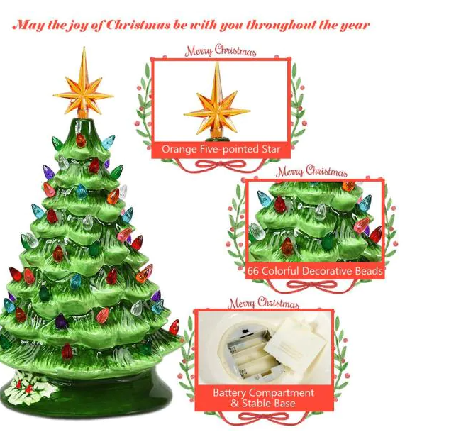 15 in. Green Ceramic Tabletop Christmas Tree with Lights