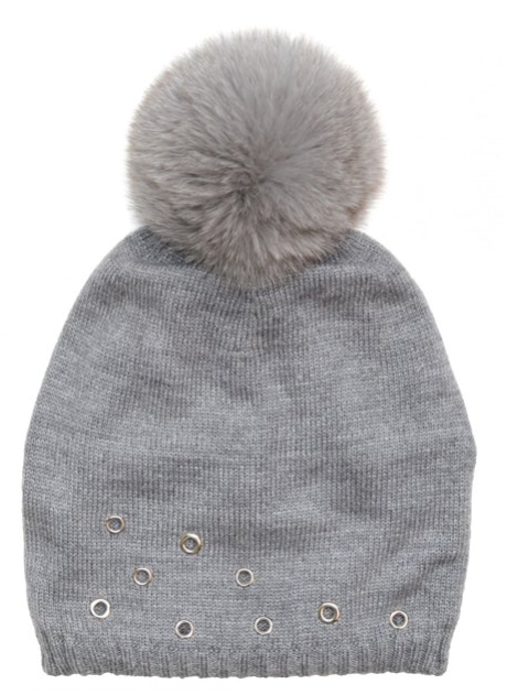 V Fraas Women's Fox Fir Pom, Grommets Pom Hat, Grey, One-Size