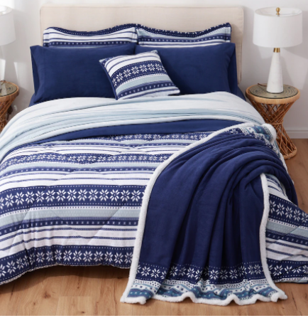 Berkshire Fair Isle Comforter Set, Heavy Polar Fleece/Sherpa, Navy, Queen