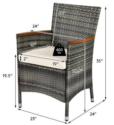 Outdoor Wicker Chair with Cushion, and Wood Armrest, grey, cream cushion