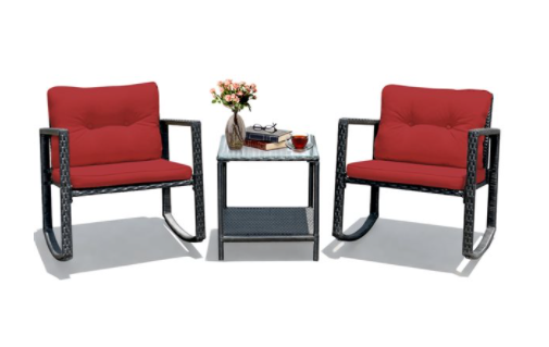 Rattan and Metal Frame Patio Rocker Conversation Set with Red Cushions - 3-Piece Set