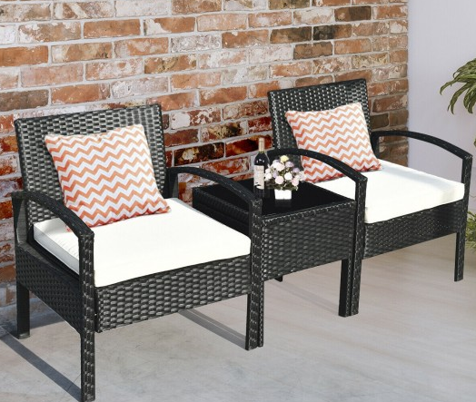 3 Pieces Outdoor Rattan Patio Conversation Set with Seat Cushions, in box unassembled