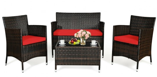 4 Piece Outdoor Wicker Set, Red, in box, unassembled