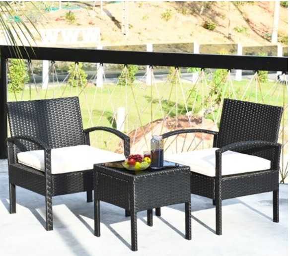 3PCS Patio Rattan Furniture Set,  In Box Unassembled. White Cushions