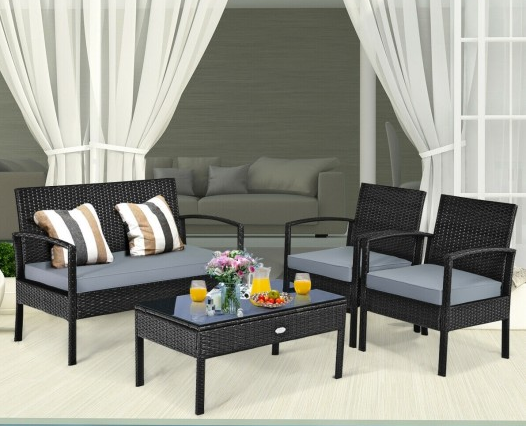 4 Pieces Patio Rattan, Loveseat and Table, In Box Unassembled, Grey Cushions *UNASSEMBLED/IN BOX* - HW63755