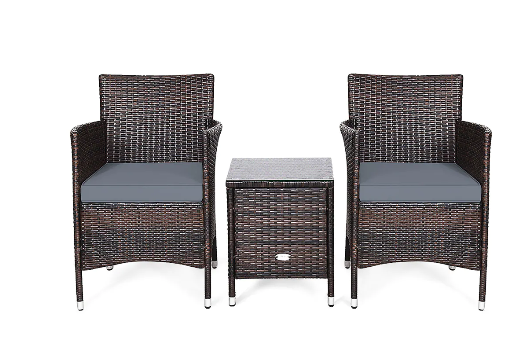 Outdoor 3 PCS PE Rattan Wicker Furniture Sets Chairs Coffee Table Garden Grey
