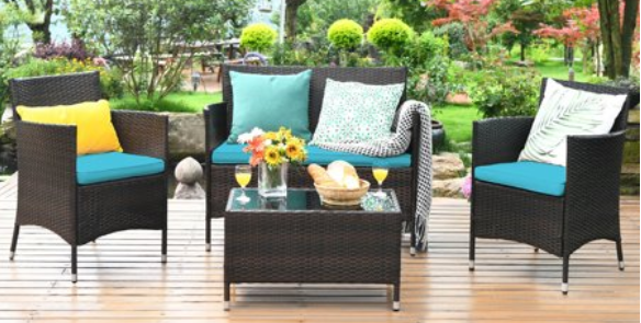 4PCS Outdoor Patio PE Rattan Wicker Table Shelf Sofa Furniture Set With Cushion, Unassembled