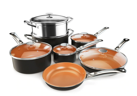 12-Piece Copper Non-Stick Cookware Set, Pots and Pans Set, Fry Pan, Casserole Pot, Stock Pot with Handle & Tempered Glass Lid, Ceramic Stovetops/Induction Cooktops, Dishwasher/Oven Safe