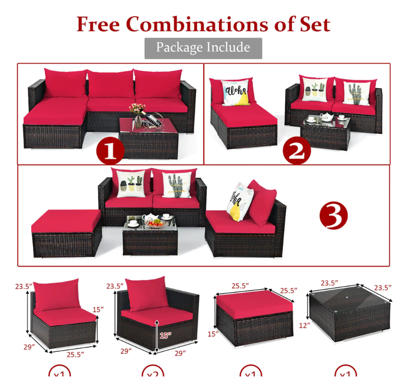 Outdoor 5-Piece Wicker Outdoor Sectional Set with Red Cushion, 2 boxes, unassembled