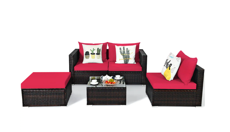 Outdoor 5-Piece Wicker Outdoor Sectional Set with Red Cushion, 2 boxes, unassembled