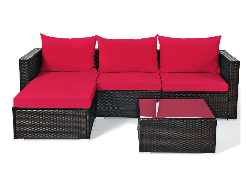 Outdoor 5-Piece Wicker Outdoor Sectional Set with Red Cushion, 2 boxes, unassembled