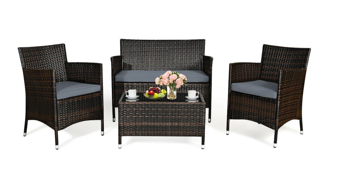 4 Pieces Patio Rattan Furniture Set with Cushion, Grey, In box unassembled