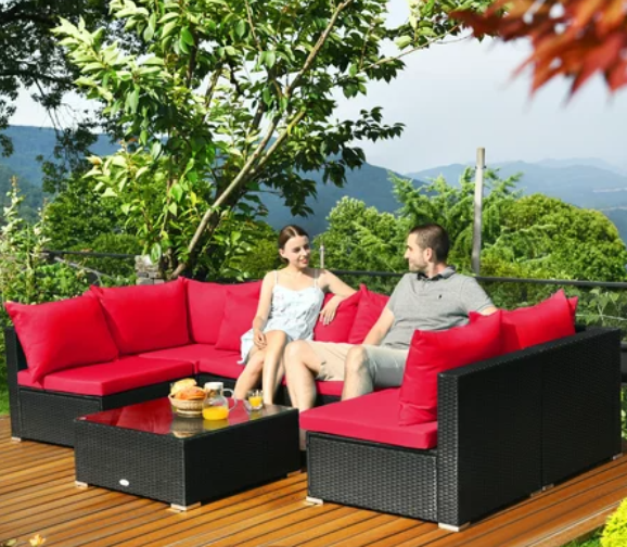 7PCS Patio Rattan Sofa Set Sectional Conversation Furniture Set, FULLY ASSEMBLED