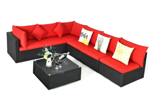 7PCS Patio Rattan Sofa Set Sectional Conversation Furniture Set, FULLY ASSEMBLED