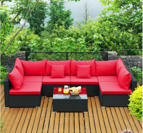 7PCS Patio Rattan Sofa Set Sectional Conversation Furniture Set, FULLY ASSEMBLED