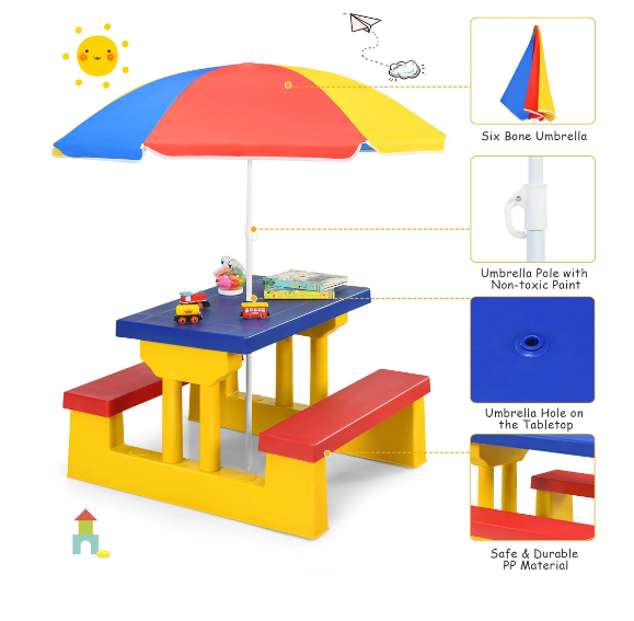 Costway Kids Picnic Table Set Umbrella, Scratch & Dent Special