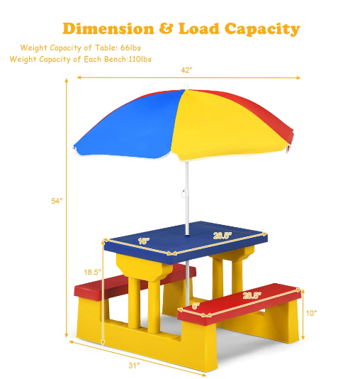 Costway Kids Picnic Table Set Umbrella, Scratch & Dent Special