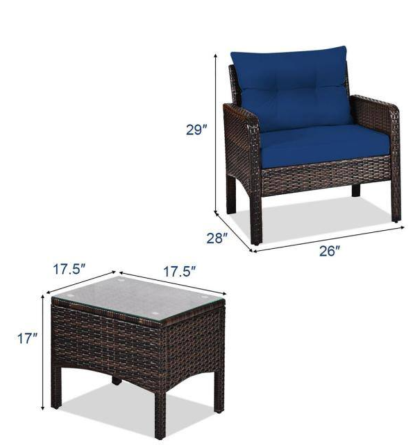 3-Pieces Wicker Patio Conversation Set with Navy Cushions. 1 Box unassembled - HW68639NY