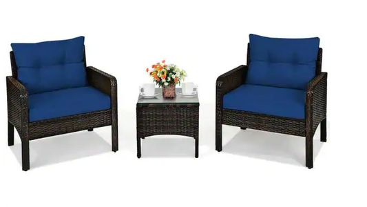 3-Pieces Wicker Patio Conversation Set with Navy Cushions. 1 Box unassembled - HW68639NY