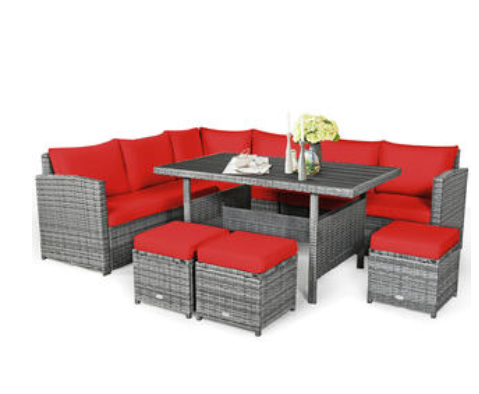 Patiojoy 7 PCS Patio Rattan Dining Set Sectional Sofa Couch Ottoman Garden Red, 4 Boxes unassembled