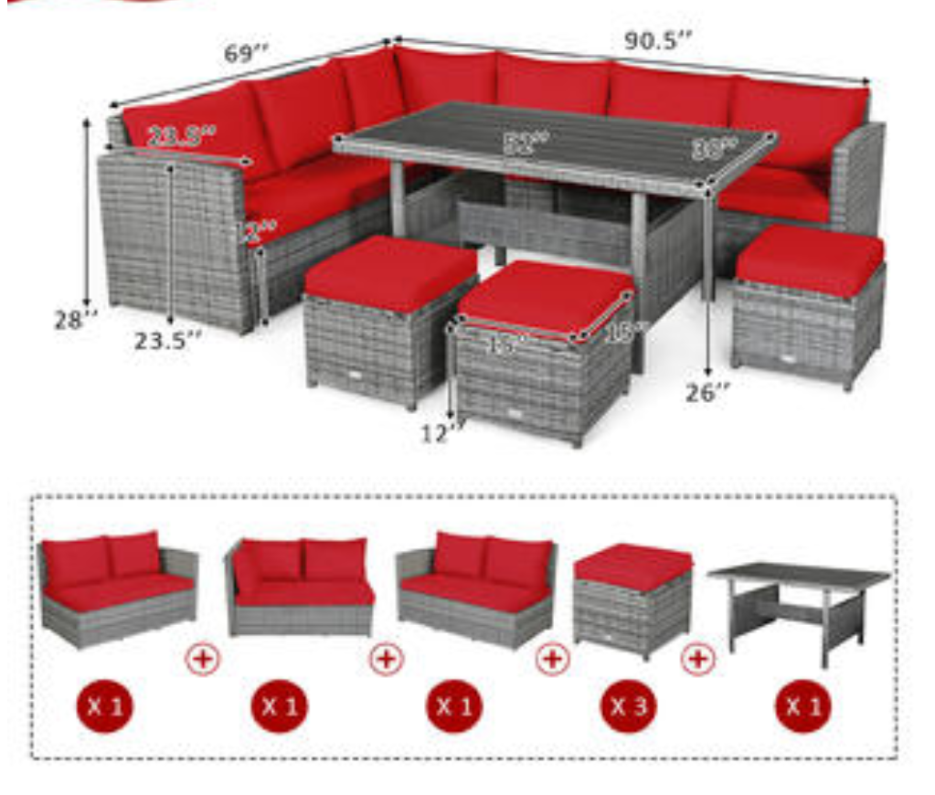 Patiojoy 7 PCS Patio Rattan Dining Set Sectional Sofa Couch Ottoman Garden Red, 4 Boxes unassembled