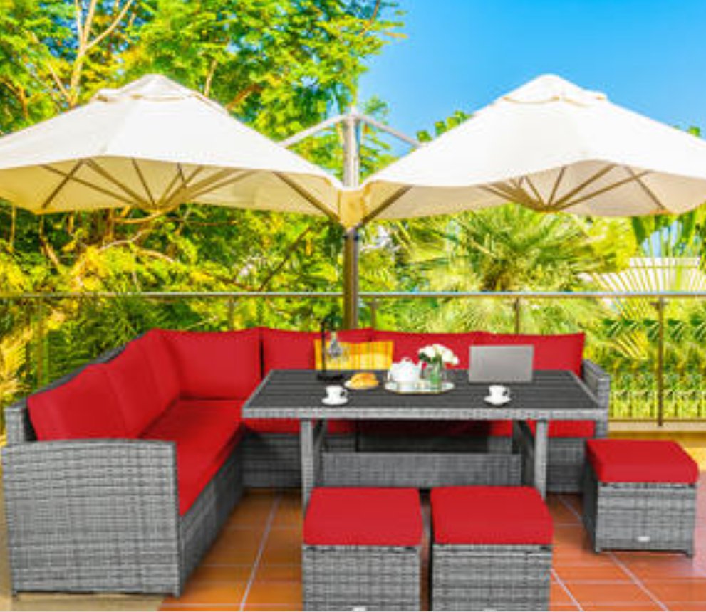 Patiojoy 7 PCS Patio Rattan Dining Set Sectional Sofa Couch Ottoman Garden Red, 4 Boxes unassembled