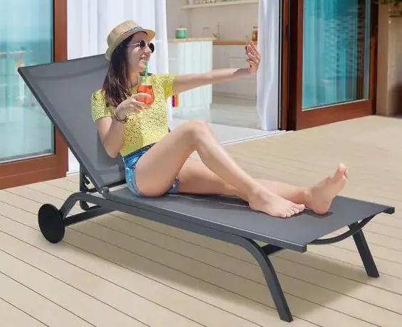 Goplus Outdoor Lounge Chair Chaise Reclining Aluminum Fabric Adjustable Gray