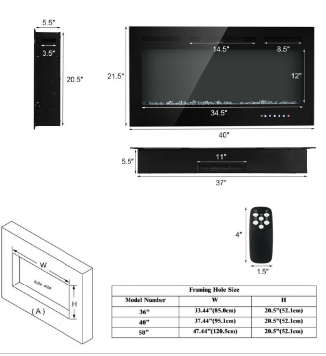 40-Inch Electric Fireplace Recessed  or Wall Mounted with Multicolor Flame