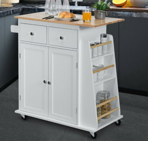 Rubber Wood Countertop Rolling Kitchen Island Cart, assembled