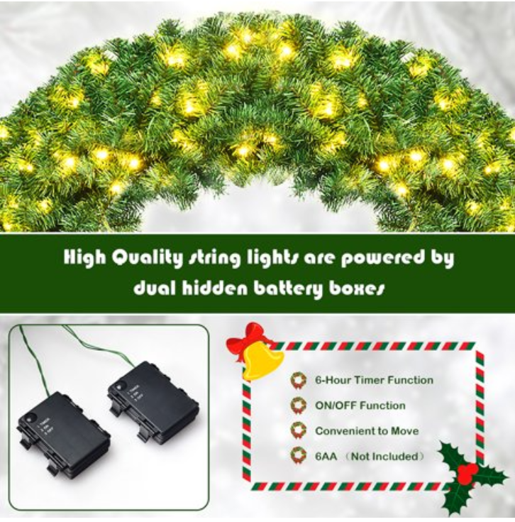 48'' Pre-lit Cordless Artificial Christmas Wreath 714 Tips w/ 200 LED Light&Timer, CM22821