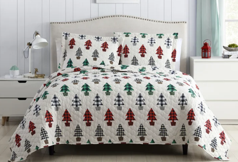 King Quilt + 2 Standard Shams Cesca Multi Checkered Tree Microfiber Reversible Quilt Set