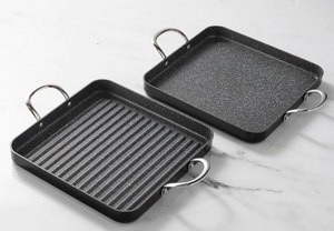 2 piece set, Curtis Stone Dura-Pan 11`` non-Stick Square Grill Pan and Griddle Pan Set