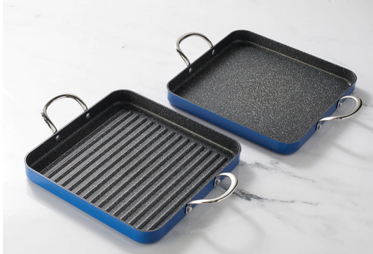 TURQUISE, 2 piece set, Curtis Stone Dura-Pan 11`` non-Stick Square Grill Pan and Griddle Pan Set