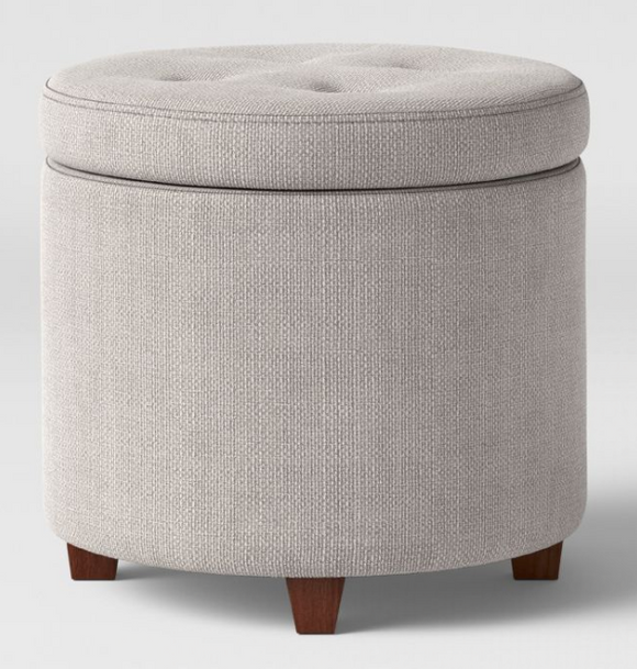 Round Tufted Storage Ottoman Textured Weave Gray