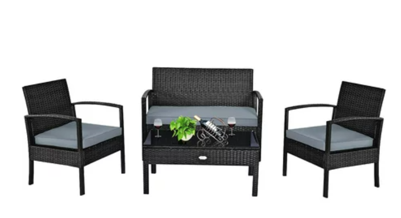 4PCS Patio Rattan Furniture Set Garden Deck, grey cushion, black/grey wicker, in box