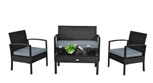 4PCS Patio Rattan Furniture Set Garden Deck, grey cushion, black/grey wicker, in box