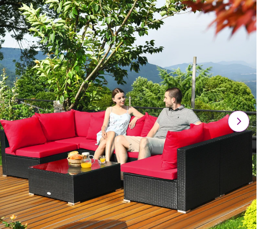 7Piece Outdoor Wicker Set, Black Wicker, Red  Cushions, Fully Assembled