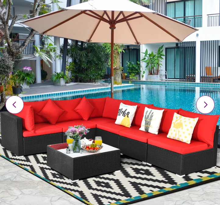 7Piece Outdoor Wicker Set, Black Wicker, Red  Cushions, Fully Assembled