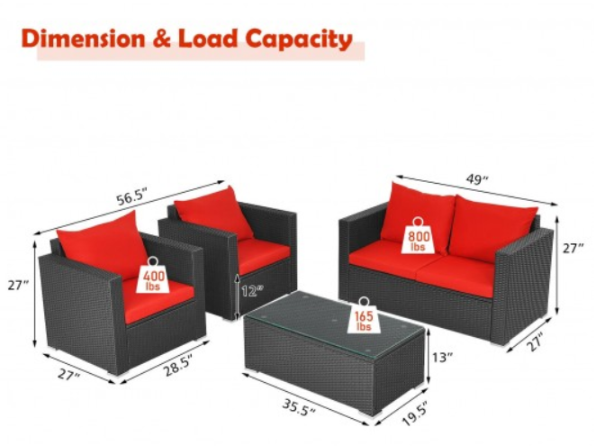 4 Pieces Patio Rattan Cushioned Furniture Set, Fully Assembled