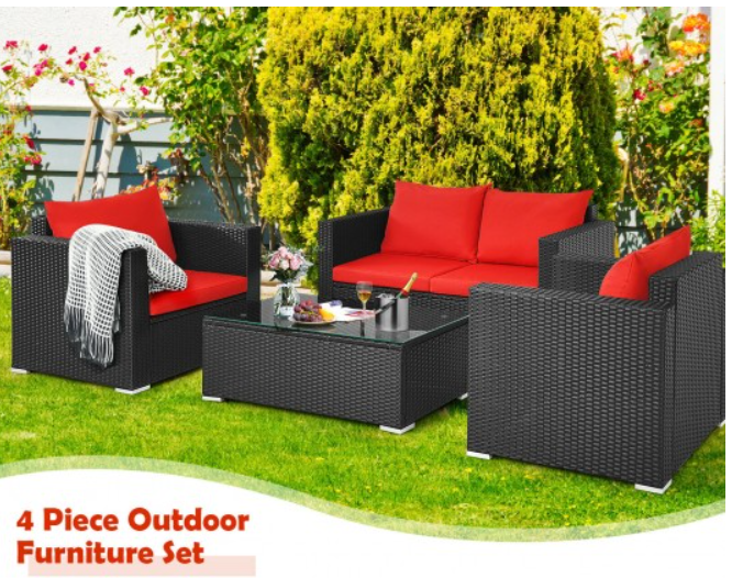 4 Pieces Patio Rattan Cushioned Furniture Set, Fully Assembled