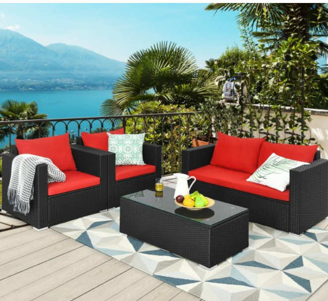 4 Pieces Patio Rattan Cushioned Furniture Set, Fully Assembled