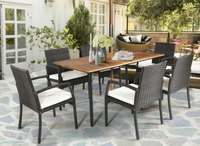 7 Pieces Patio Rattan Cushioned Dining Set with Umbrella Hole, fully assembled,