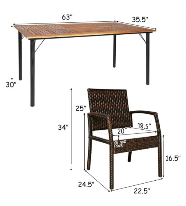 7 Pieces Patio Rattan Cushioned Dining Set with Umbrella Hole, fully assembled,